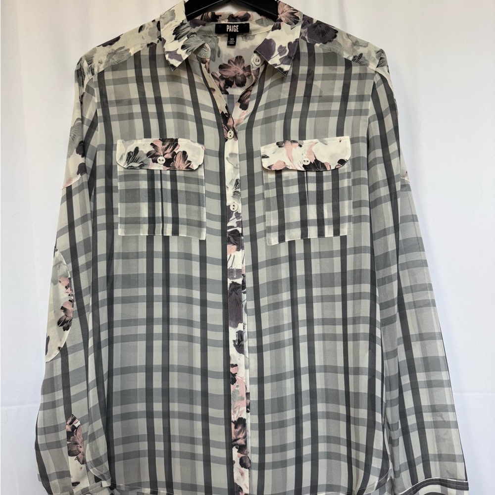 PAIGE Gray Plaid Button-Up Shirt with Pink Floral Trim